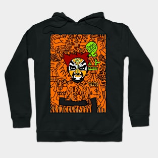 Hatshepsut - Male Character with Chinese Mask and Dark Eyes in a Doodle Background Hoodie